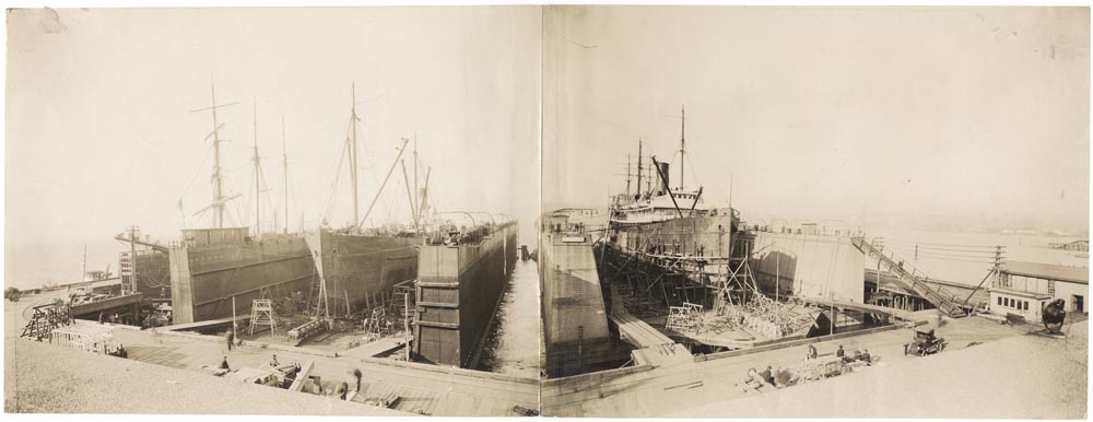 Image of Panorama of ships in drydock at Todd Dry Docks, Seattle, circa 1920