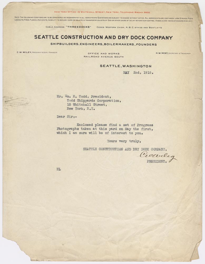 Image of Letter from C.W. Wiley, President of Seattle Construction and Dry Dock Company to William H. Todd, President of Todd Shipyards from Wiley,  sharing 
