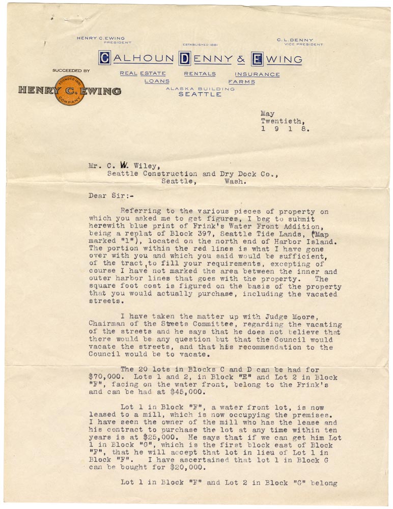 Image of Letter from Henry C. Ewing, President of Calhoun, Denny & Ewing, to C. W. Wiley at Seattle Construction and Dry Dock Co., about property purchases on Harbor Island, May 20, 1918