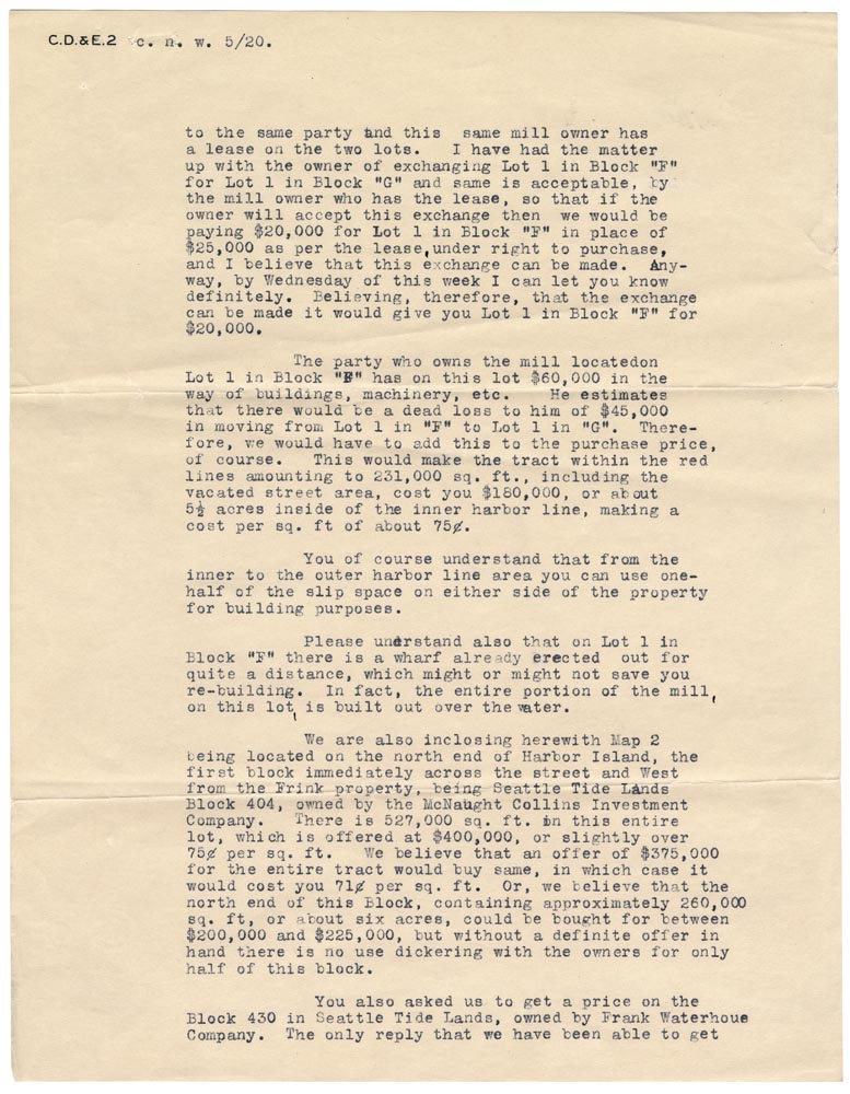 Image of Letter from Henry C. Ewing, President of Calhoun, Denny & Ewing, to C. W. Wiley at Seattle Construction and Dry Dock Co., about property purchases on Harbor Island, May 20, 1918