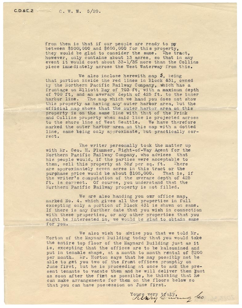 Image of Letter from Henry C. Ewing, President of Calhoun, Denny & Ewing, to C. W. Wiley at Seattle Construction and Dry Dock Co., about property purchases on Harbor Island, May 20, 1918