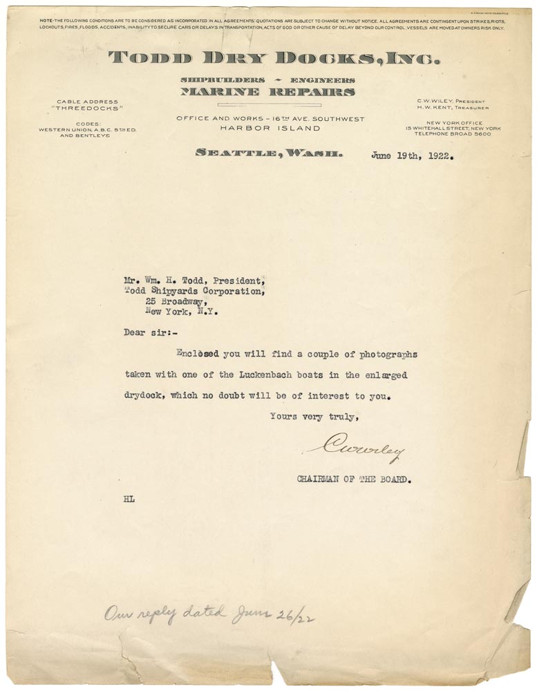 Image of Letter from C.W. Wiley, Chairman of the Board of Todd Dry Docks, Inc., to William H. Todd, President of Todd Shipyards, sharing photographs of a Luckenbach boat in drydock, June 19, 1922