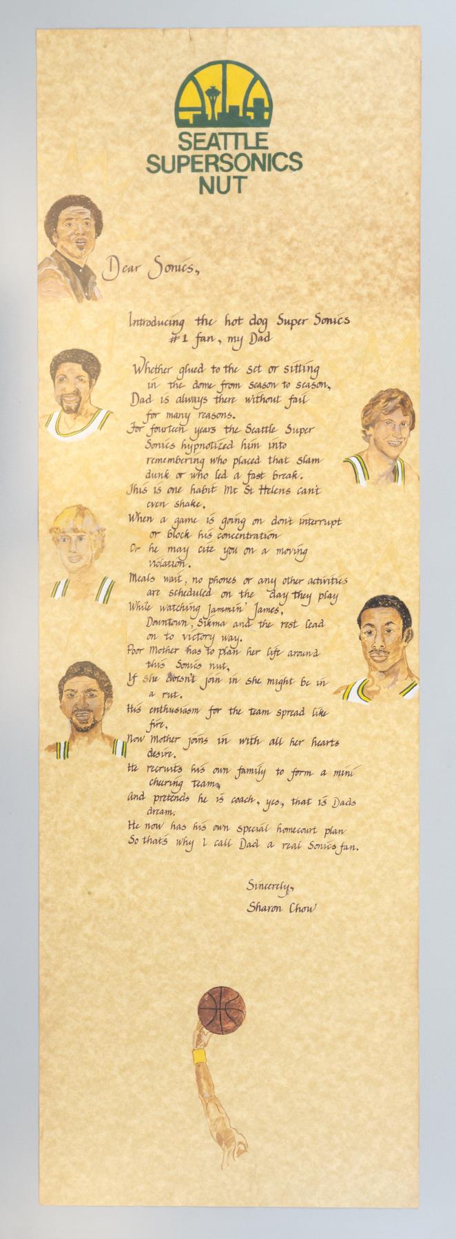 Image of Scroll featuring a hand-written Seattle SuperSonics poem and artwork by Sharon Chow, ca. 1981