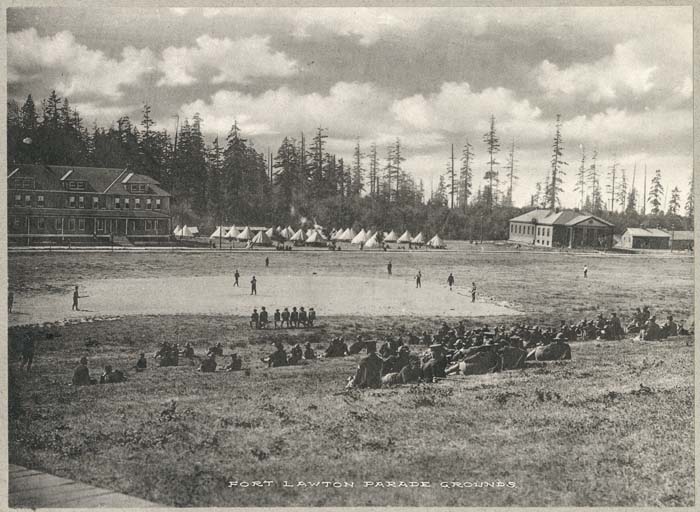 Image of Baseball game at Fort Lawton parade grounds, Seattle, circa 1906