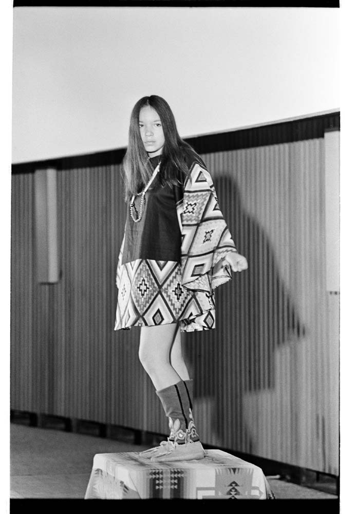 Image of Model posing at Indigenous fashion show, Pacific Science Center, June 1970