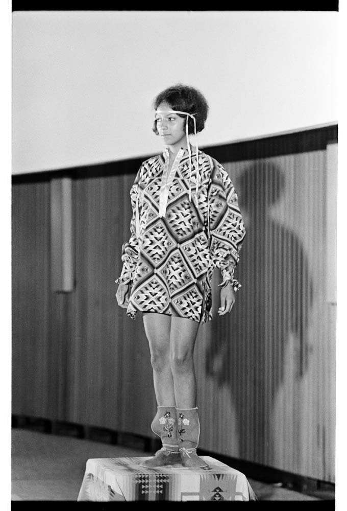 Image of Model posing at Indigenous fashion show, Pacific Science Center, June 1970