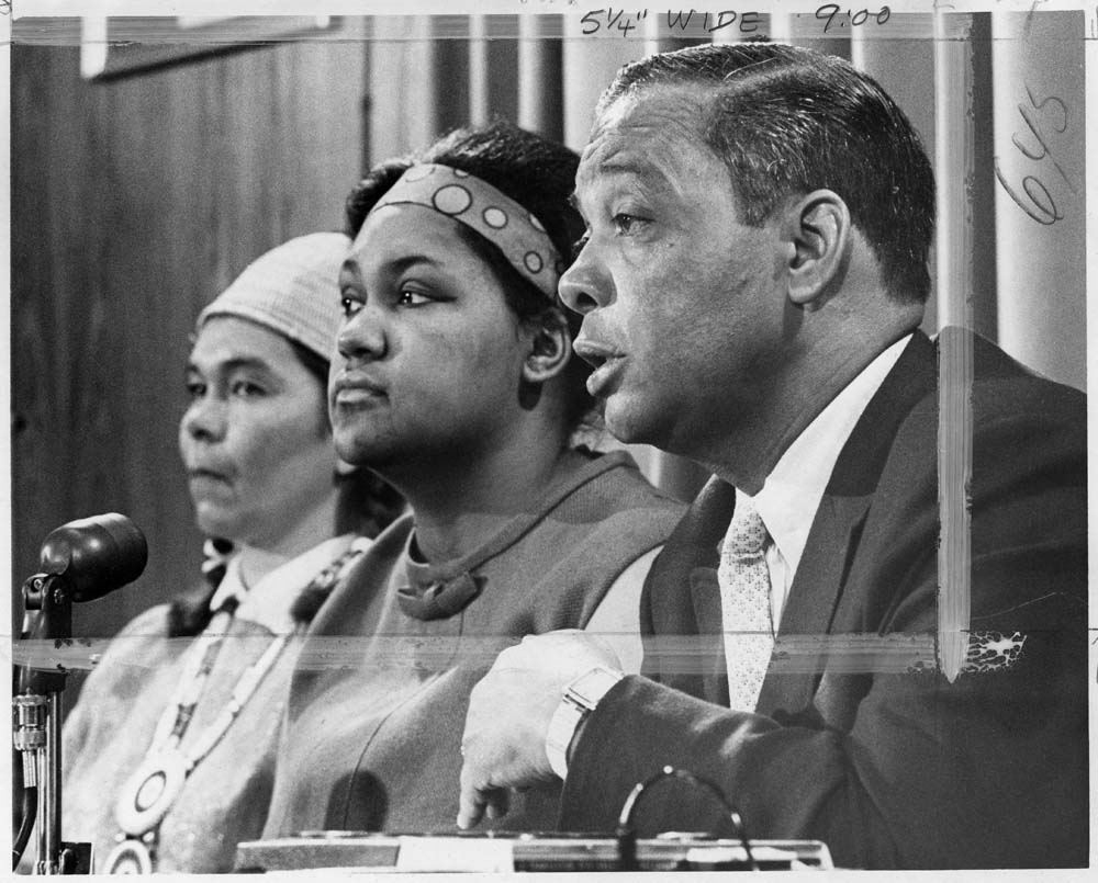 Image of Janet McCloud, Lillian Gregory, and Jack Tanner at press conference, Olympia, July 3, 1968