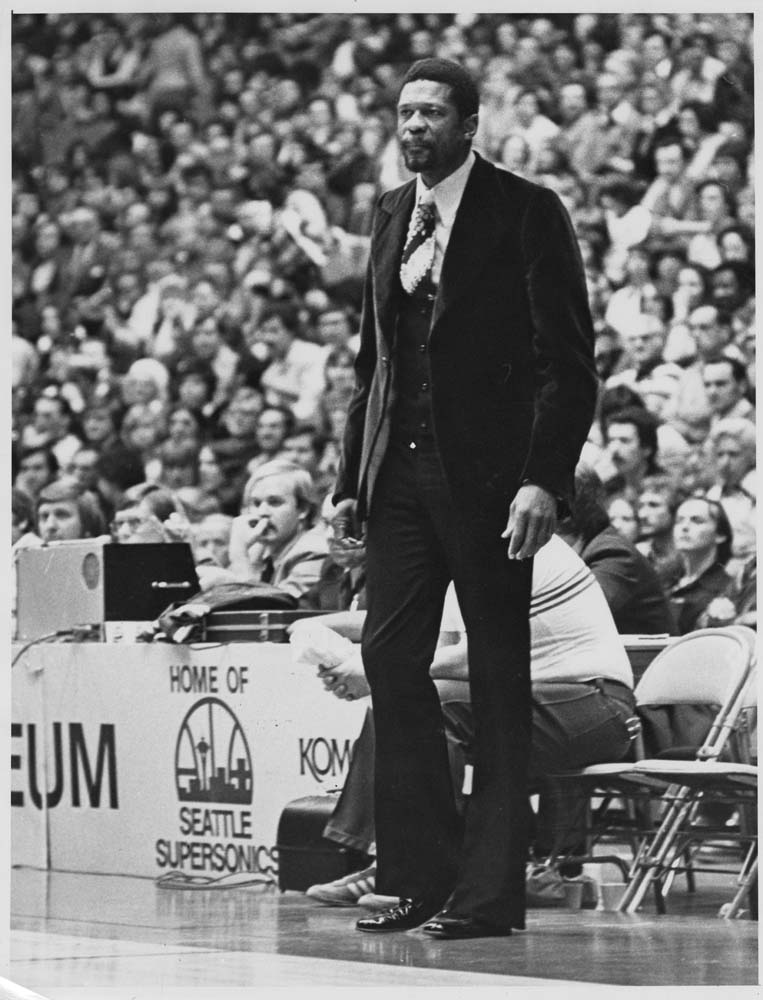 Image of Bill Russell courtside at Seattle SuperSonics game, 1977