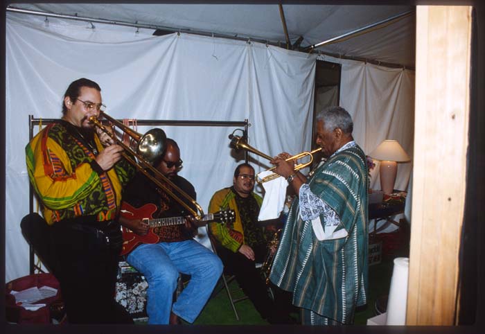 Image of Dizzy Gillespie rehearshing with band backstage, Seattle, August 9, 1991