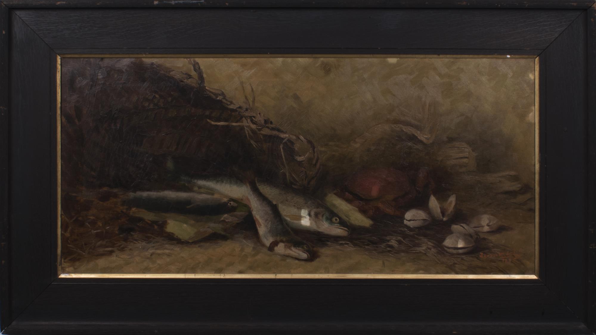 Image of Painted still-life with fish, crab, and clams, by Jessie M. Elliott, 1895