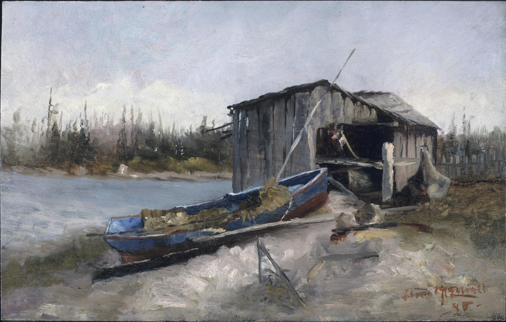 Image of Painting of a shack and boats by Jessie M. Elliott, 1895