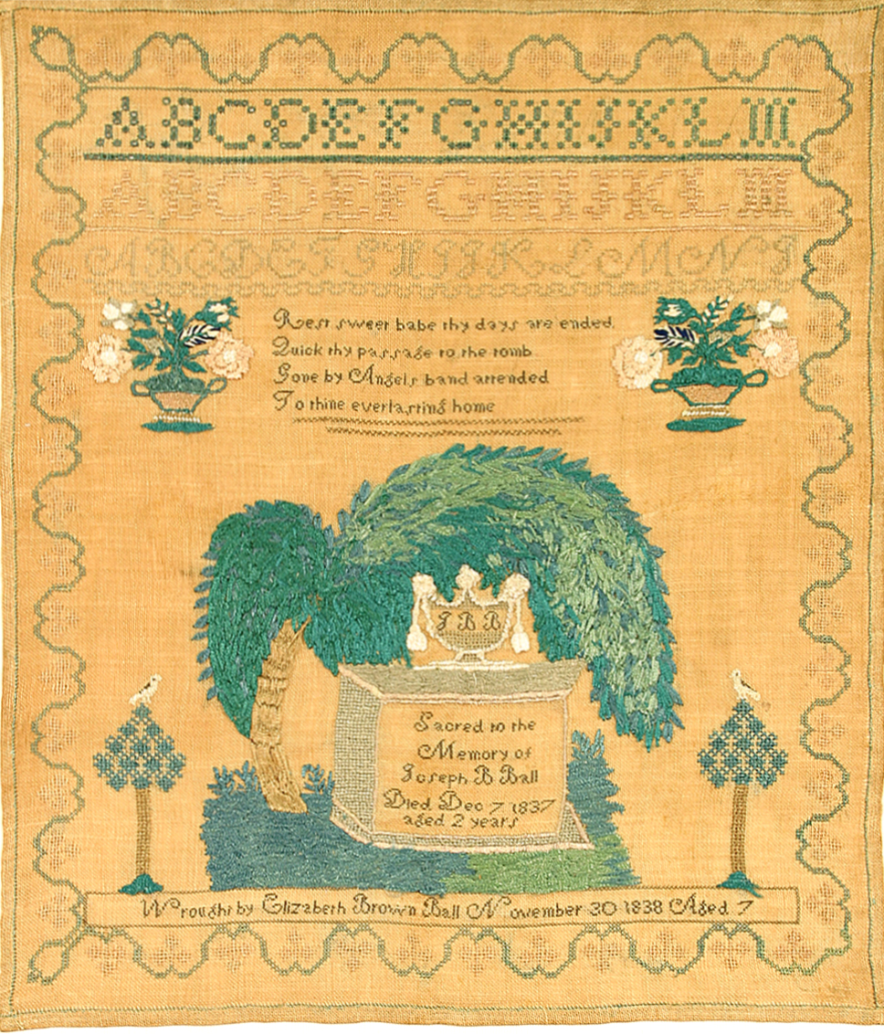 Image of Sampler made by Elizabeth Brown Ball in memory of infant that passed away at 2 years old, 1838