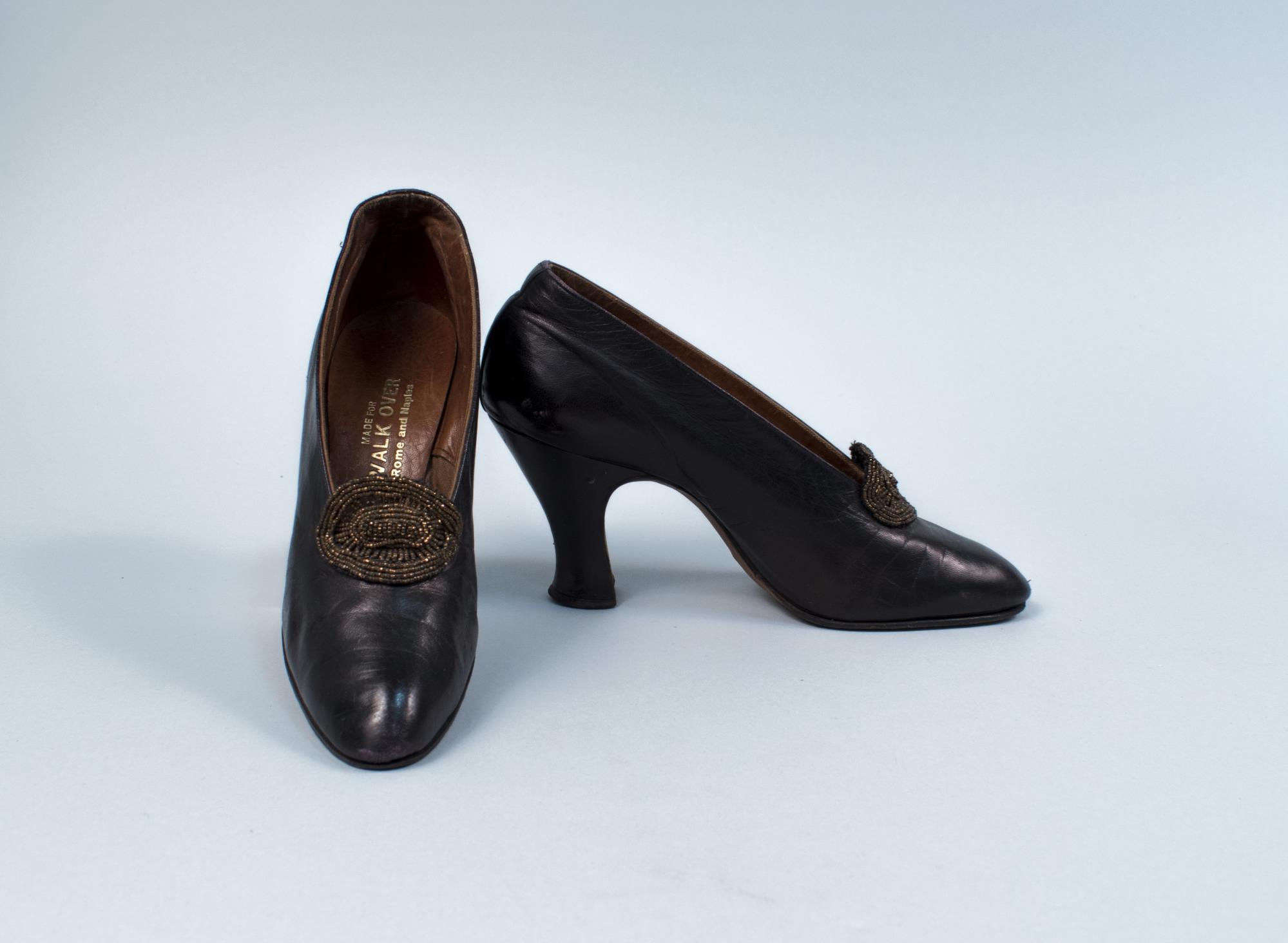 Image of Bronze leather shoes with bead buckle design, 1924
