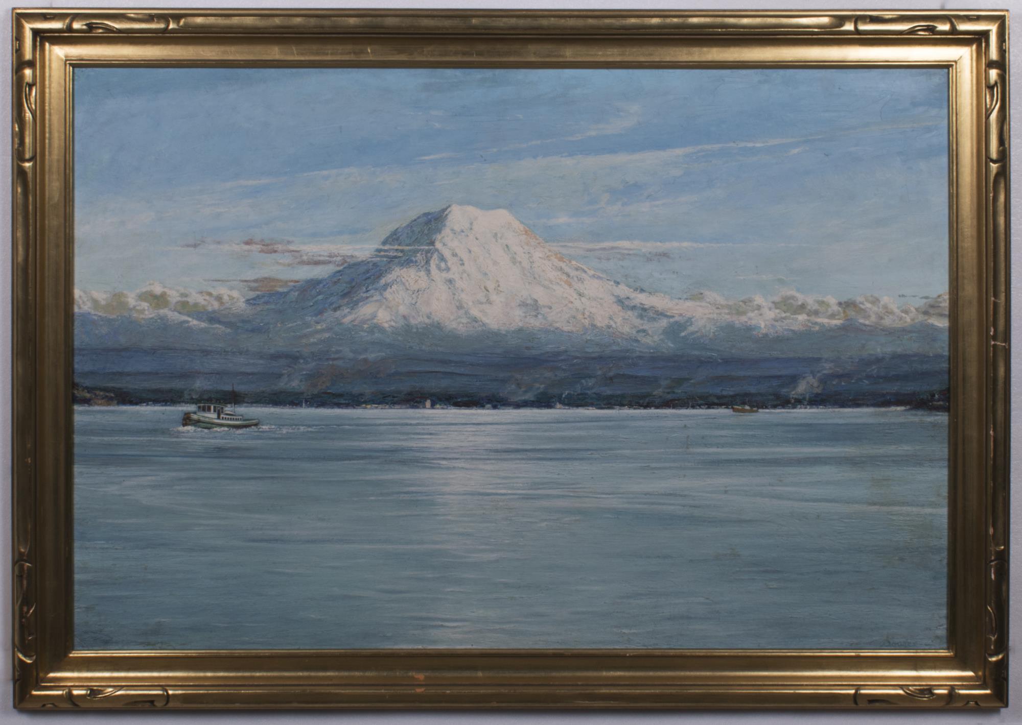Image of Oil landscape painting featuring a Foss tug chugging across Commencement Bay in Tacoma, Washington, ca. 1930-1940