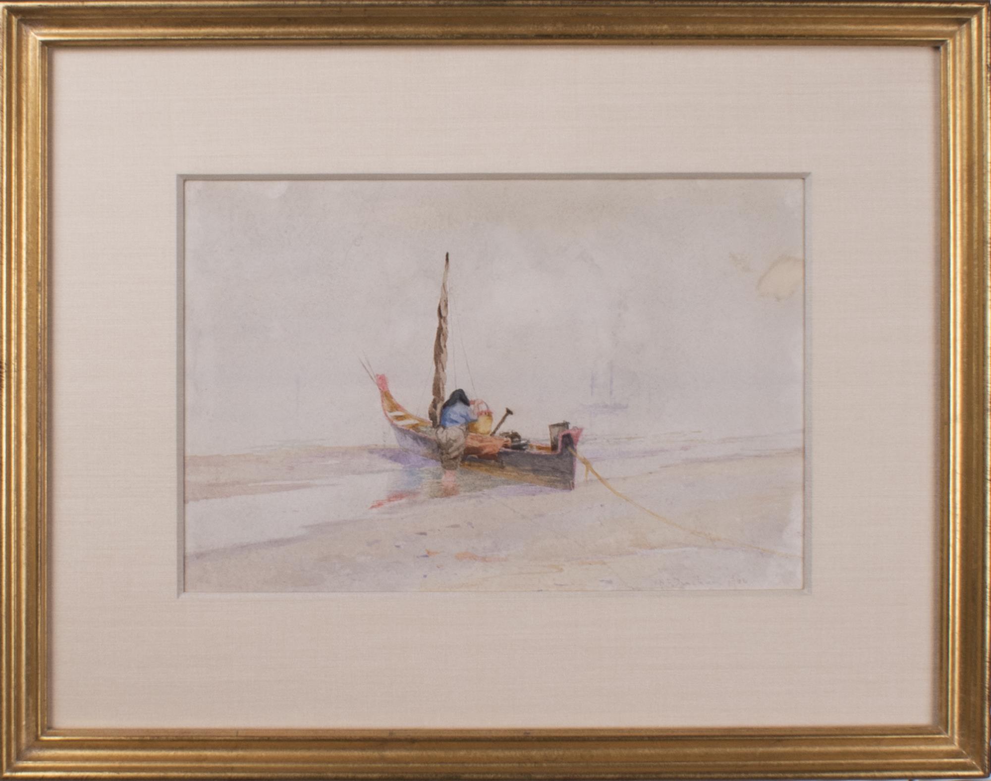 Image of Watercolor painting by Harriet Foster Beecher of Indigenous woman loading a canoe, 1900