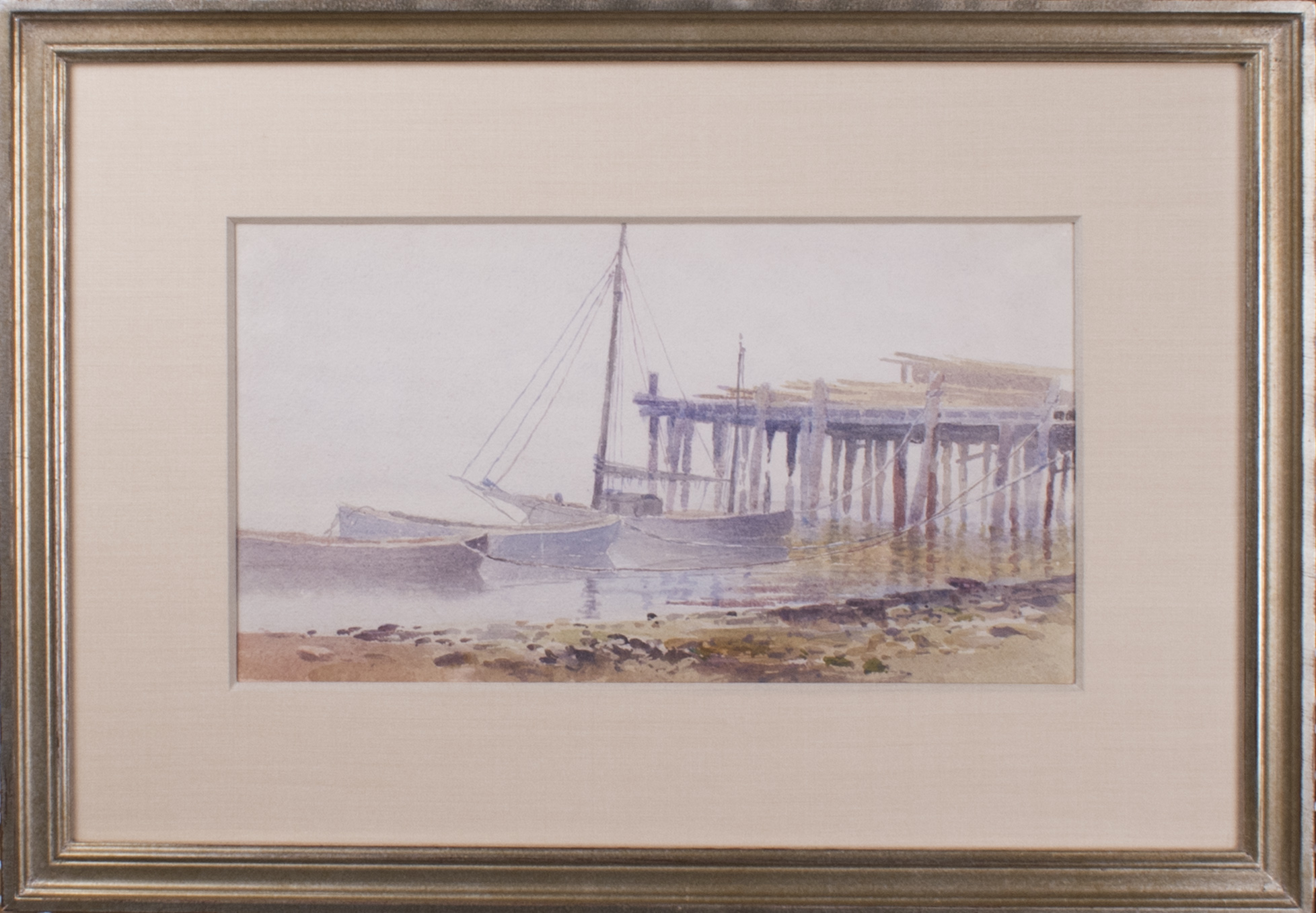 Image of Watercolor painting by Harriet Foster Beecher of two canoes and a sailboat near a beach, ca. 1880s-1990s