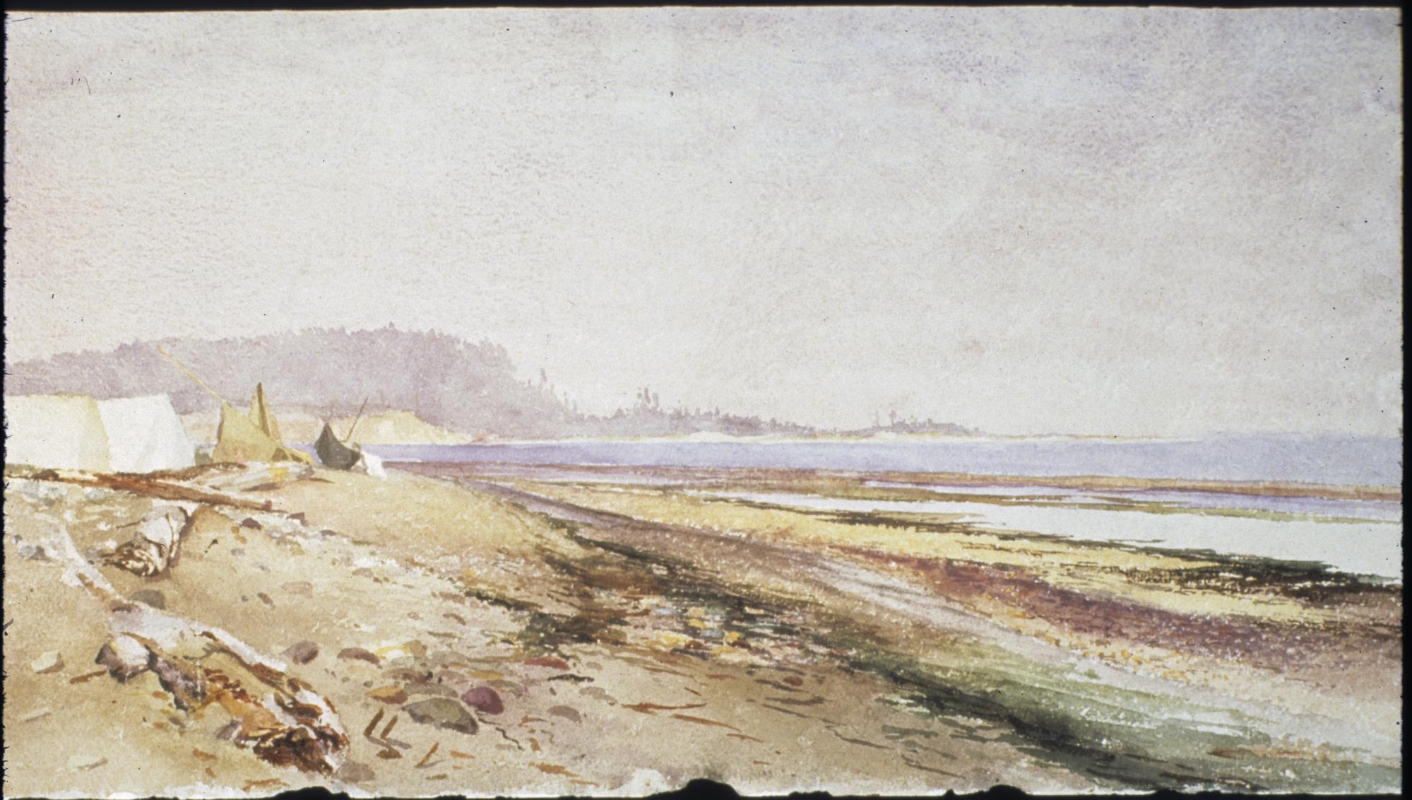 Image of Watercolor painting of a beach scene with Native American canoe by Harriet Foster Beecher, ca. 1870-1915