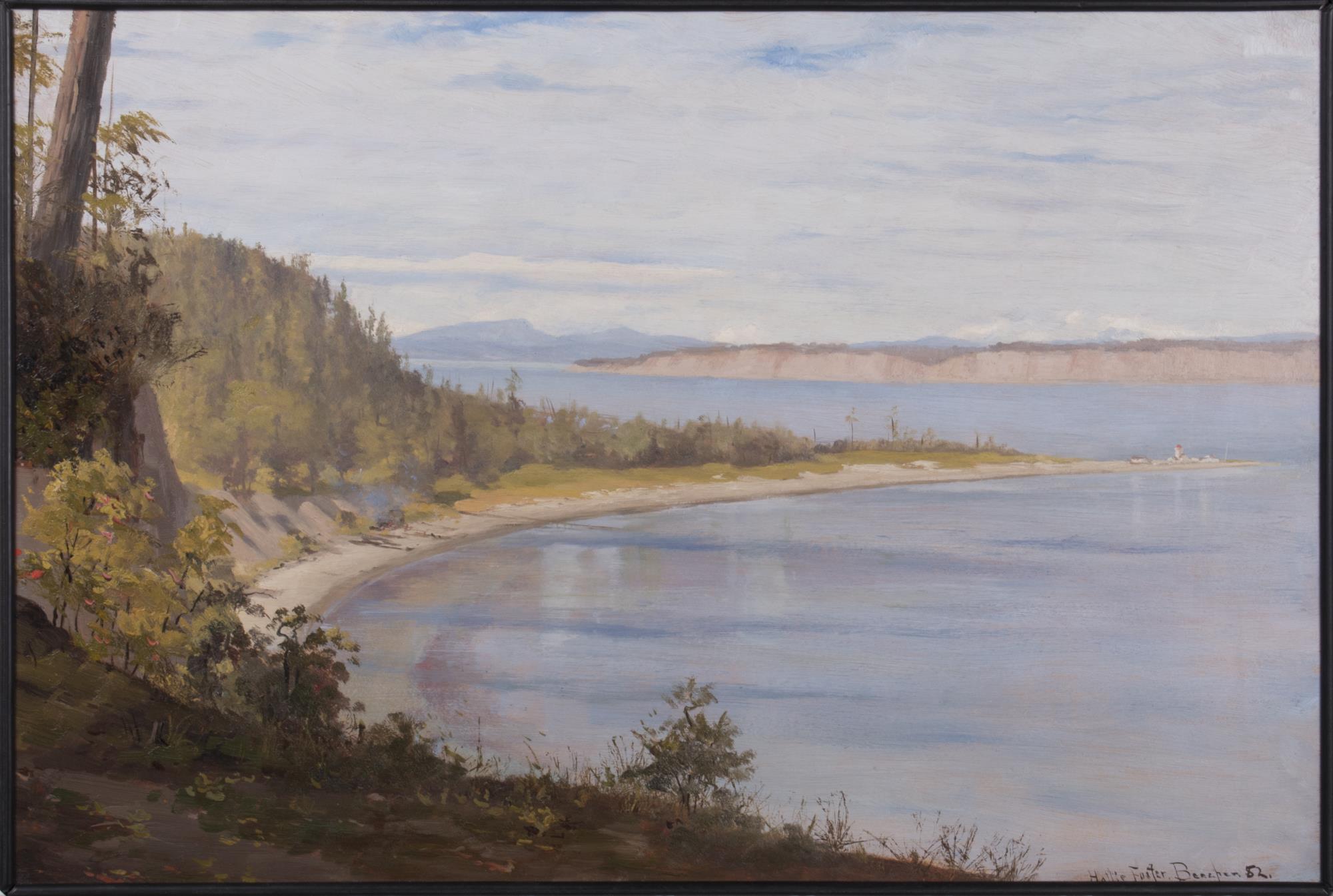 Image of Oil painting by Harriet Foster Beecher depicting a stretch of beach with Point Wilson lighthouse in the distance, 1882
