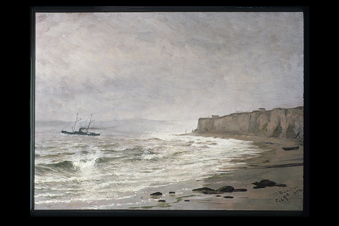 Image of Oil painting of cliffs and steamer by Harriet Foster Beecher, 1882