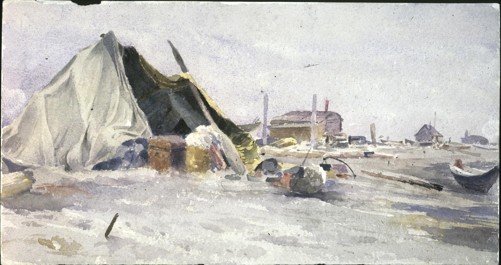 Image of Watercolor painting of a beach scene with tent by Harriet Foster Beecher, ca. 1870-1915