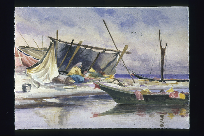 Image of Watercolor painting of Indigenous woman in a shelter on the beach, ca. 1870-1915