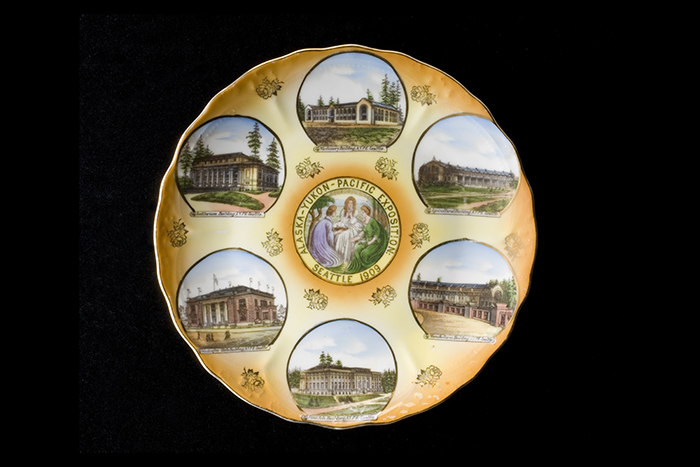 Image of Plate commemorating the 1909 Alaska-Yukon-Pacific Exposition (AYPE), featuring buildings on the Exposition campus