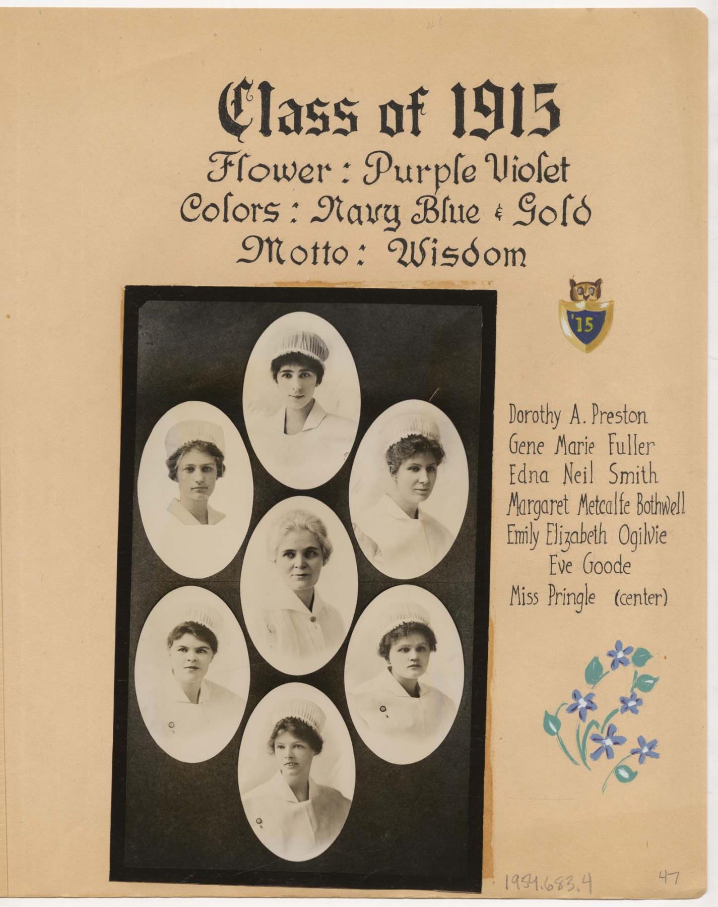 Image of Class of 1915 page from Minor Private Hospital Alumnae scrapbook, circa 1950