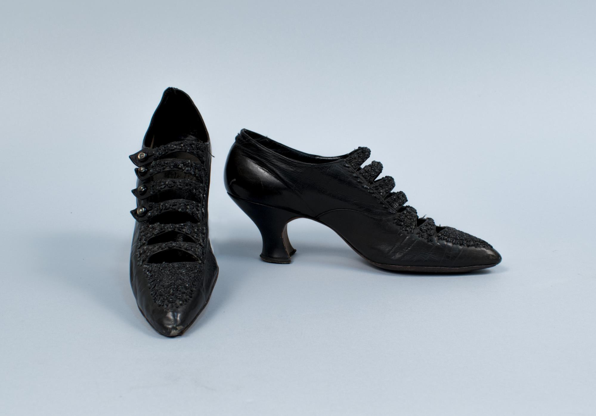 Image of Black kid leather beaded slippers, ca. 1912
