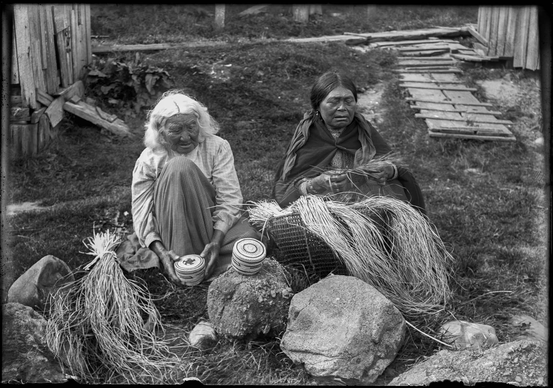 Image of Two Makah basketmakers, Neah Bay, circa 1900