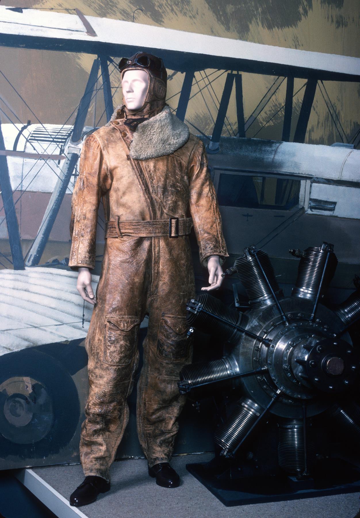 Image of US Mail leather flight suit worn by Leon Cuddeback, who flew the first scheduled air mail in the US, ca. 1926