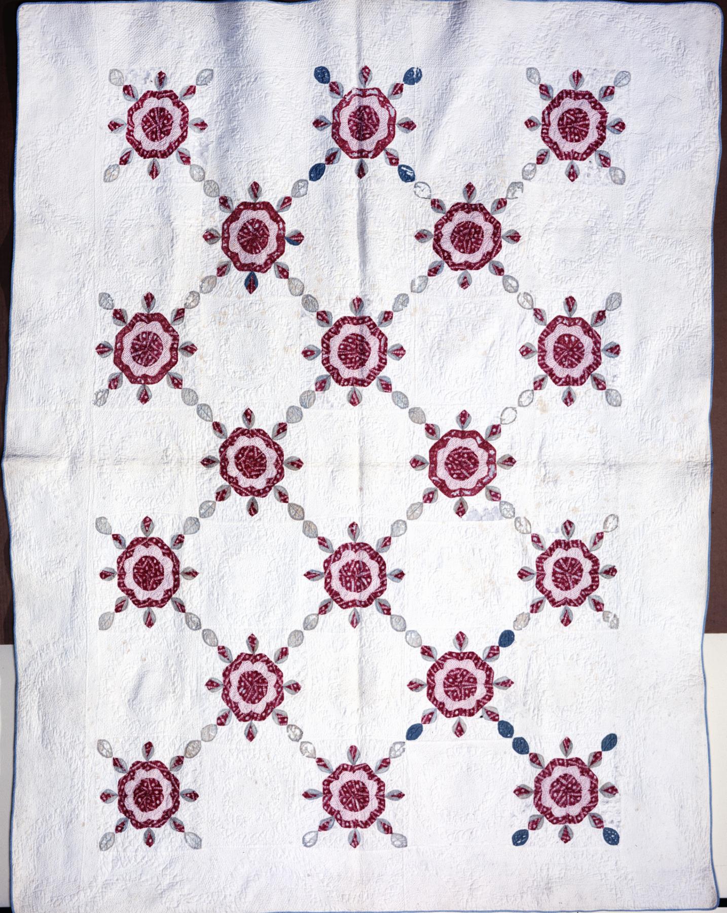 Image of Quilt appliqued with rose pattern, ca. 1847