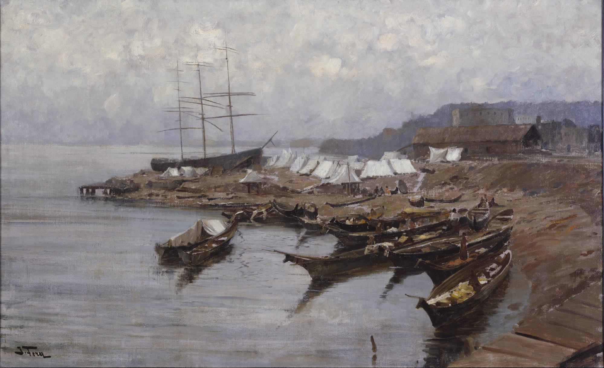 Image of Oil painting of canoes at Ballast Island by John Fery, 1925-1935