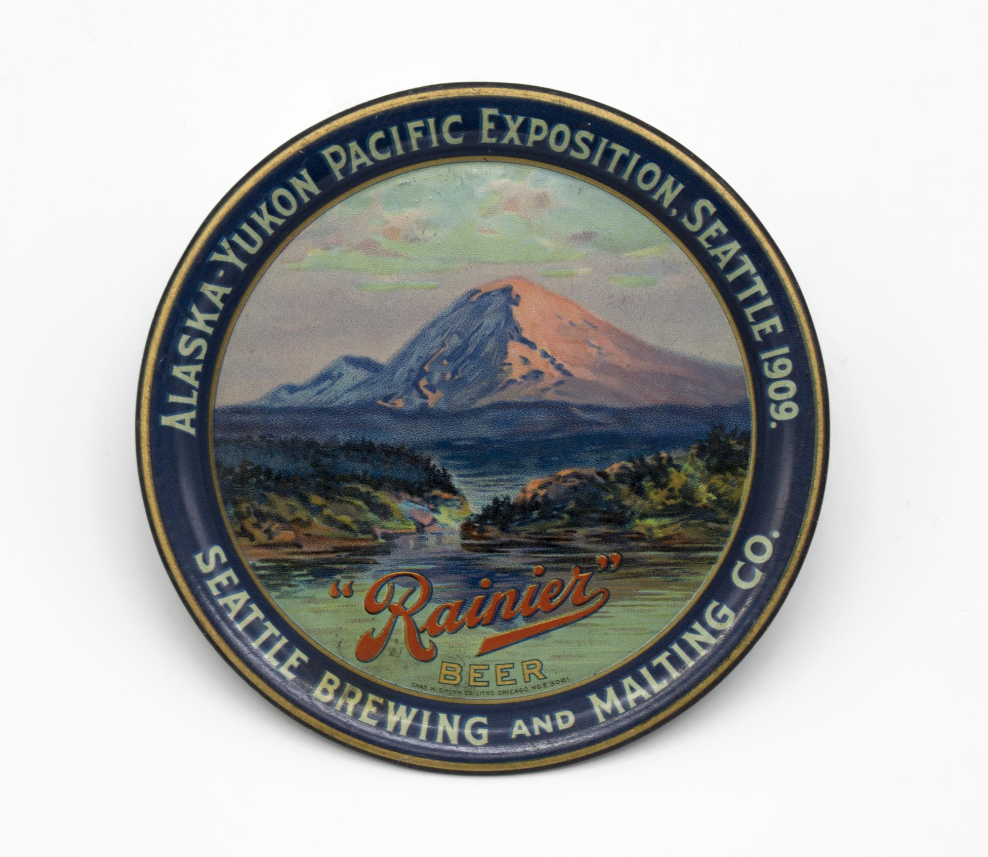 Image of Small round tin coaster advertising Rainier Beer, 1909