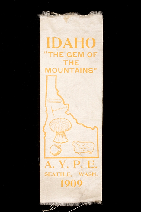 Image of Ribbon commemorating the 1909 Alaska-Yukon-Pacific Exposition (AYPE), featuring the state of Idaho