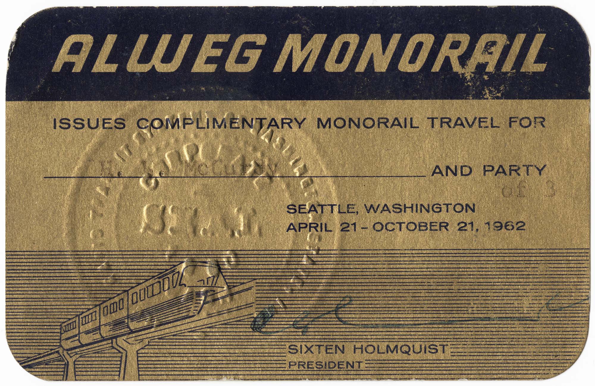 Image of Alweg Monorail Gold Card, Seattle World's Fair, 1962