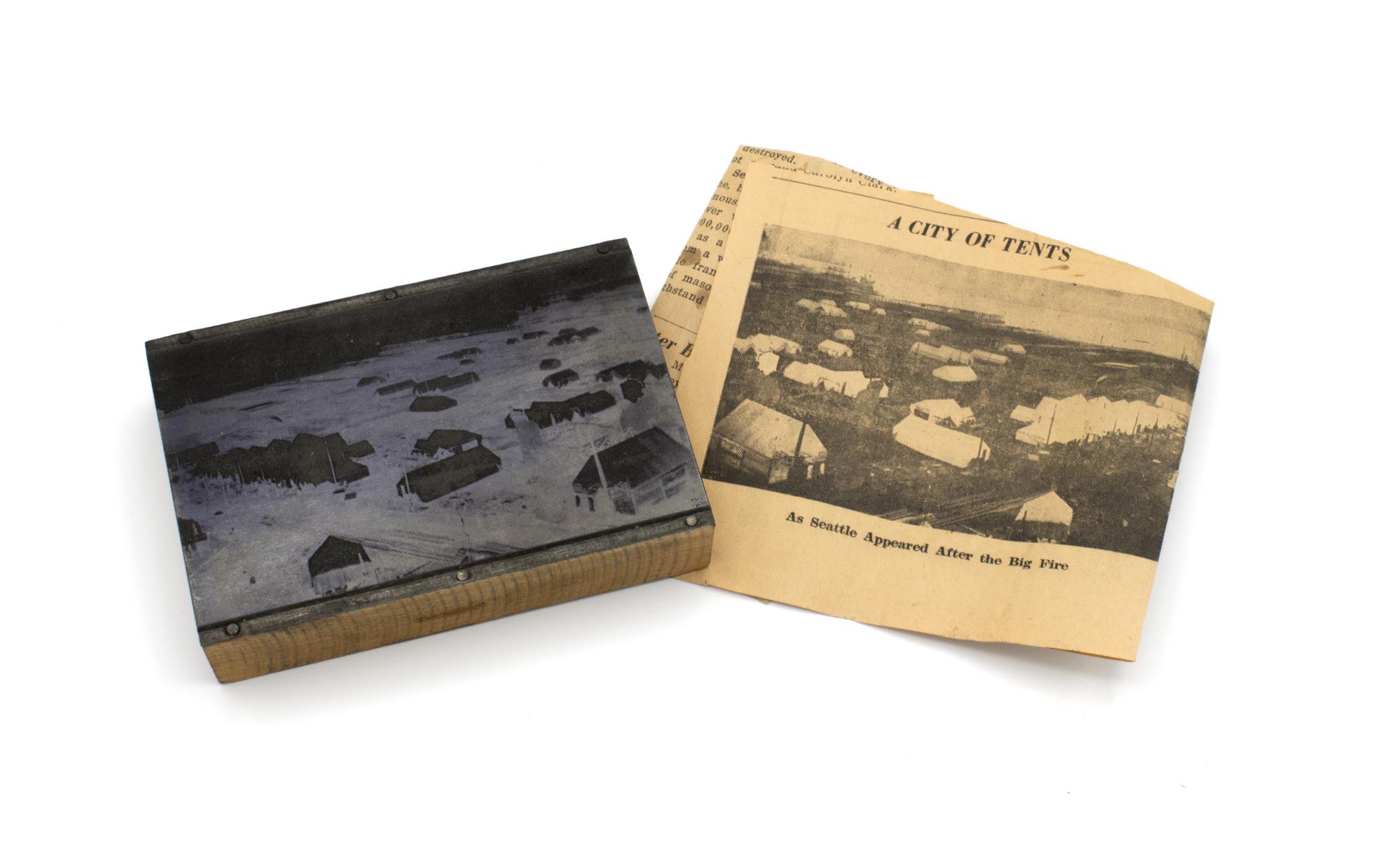 Image of Printing block with image from Great Seattle Fire, 1889