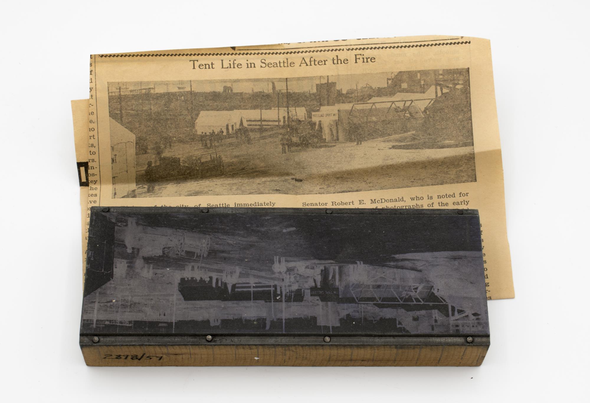 Image of Printing block, image of tents after Great Seattle Fire, 1889
