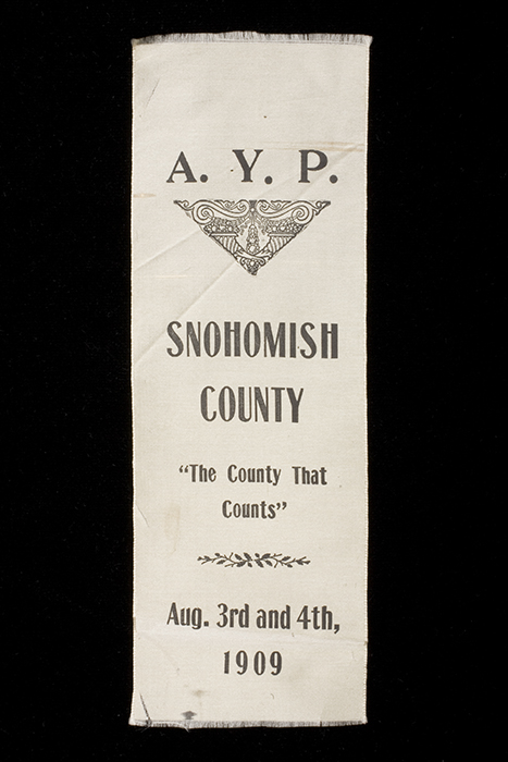 Image of Ribbon commemorating the 1909 Alaska-Yukon-Pacific Exposition (AYPE), featuring Snohomish County