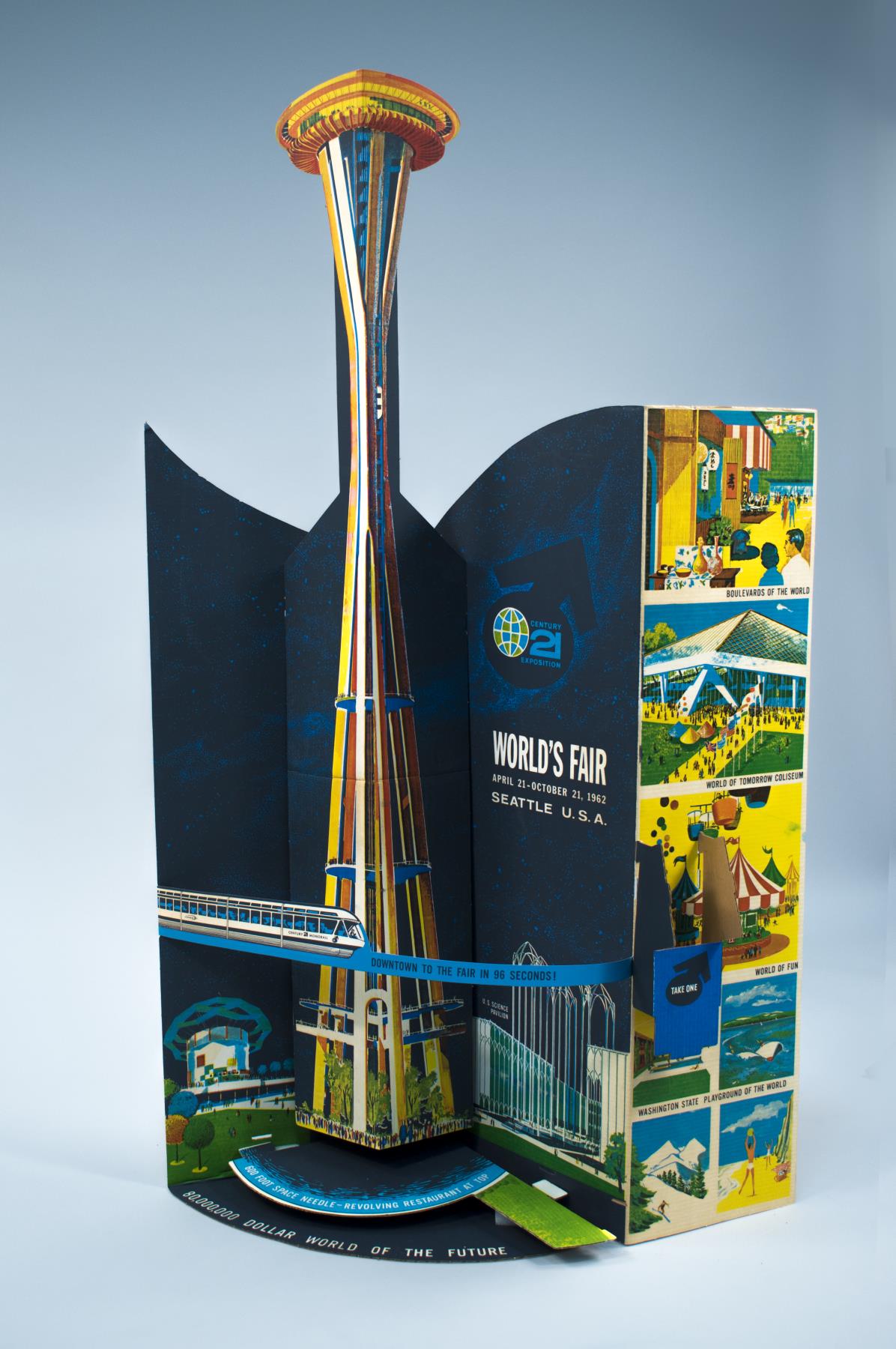 Image of Oversized cardboard display featuring iconic sites of the Seattle World's Fair, 1962