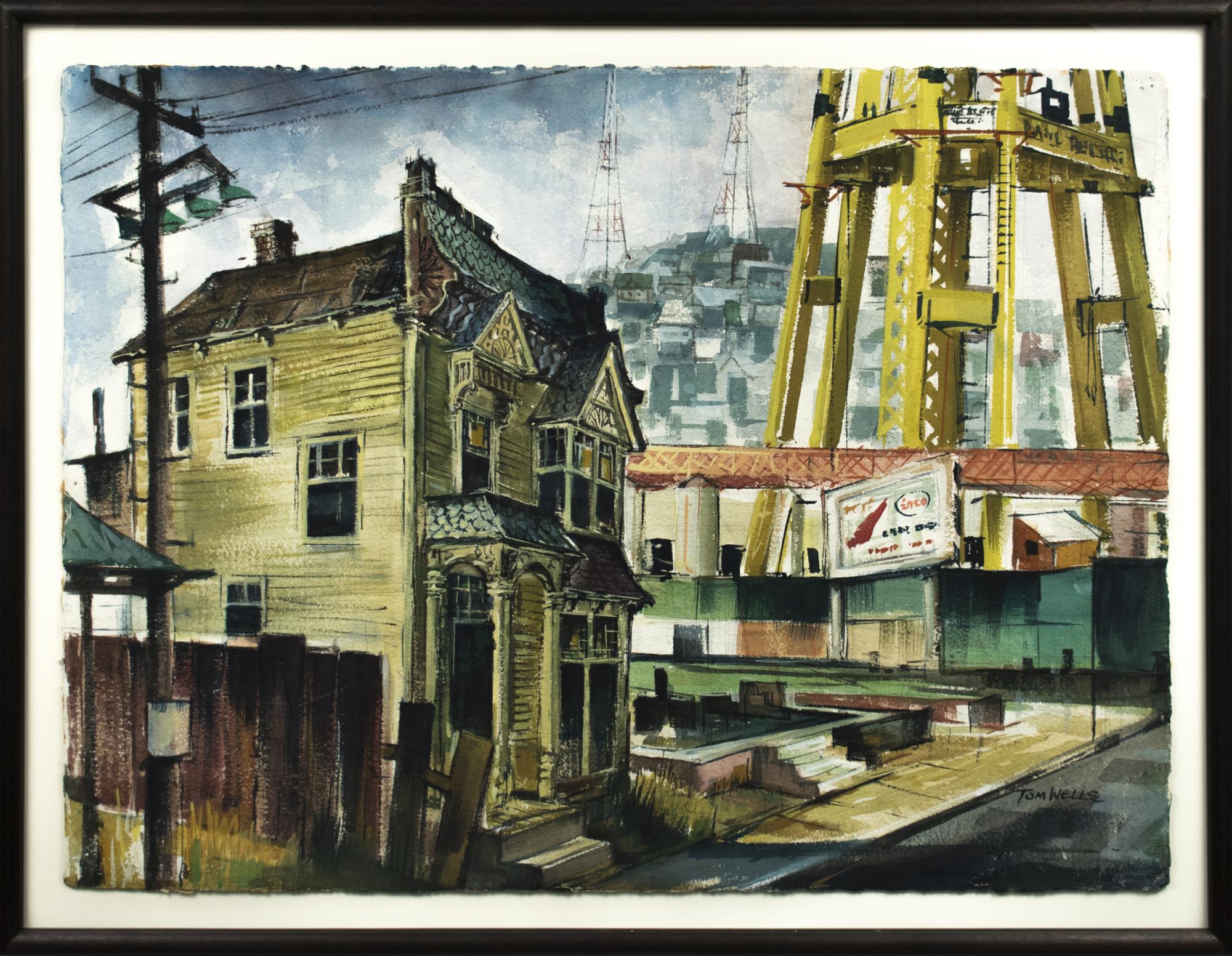 Image of Painting by Thomas Wells of the Space Needle and surrounding neighborhood during the construction of the Seattle World's Fair, 1962