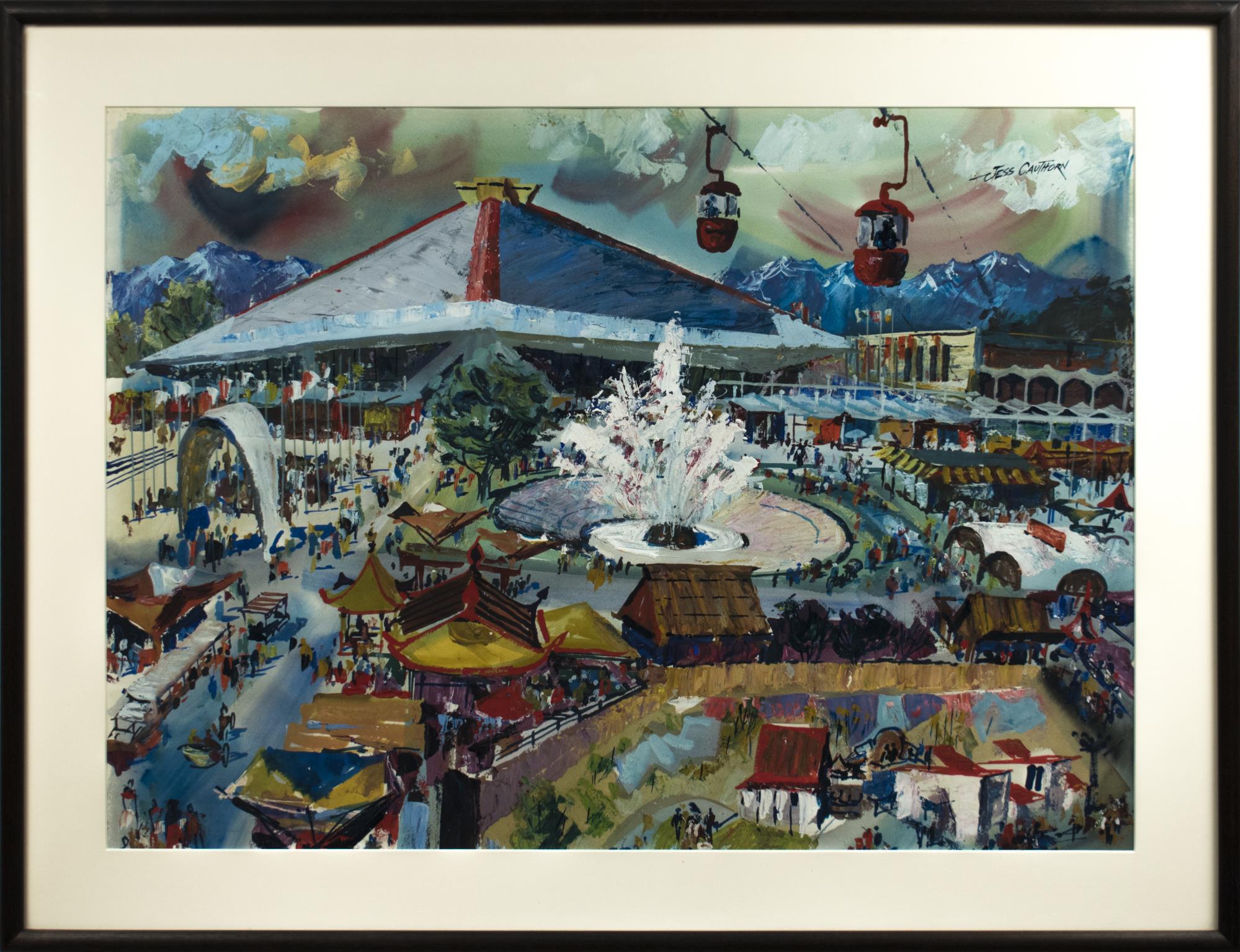 Image of Painting by Jess Cauthorn of a bird's-eye panoramic view of the Seattle World's Fair, 1962