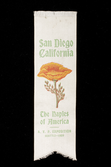 Image of Ribbon commemorating the 1909 Alaska-Yukon-Pacific Exposition (AYPE), featuring San Diego, California