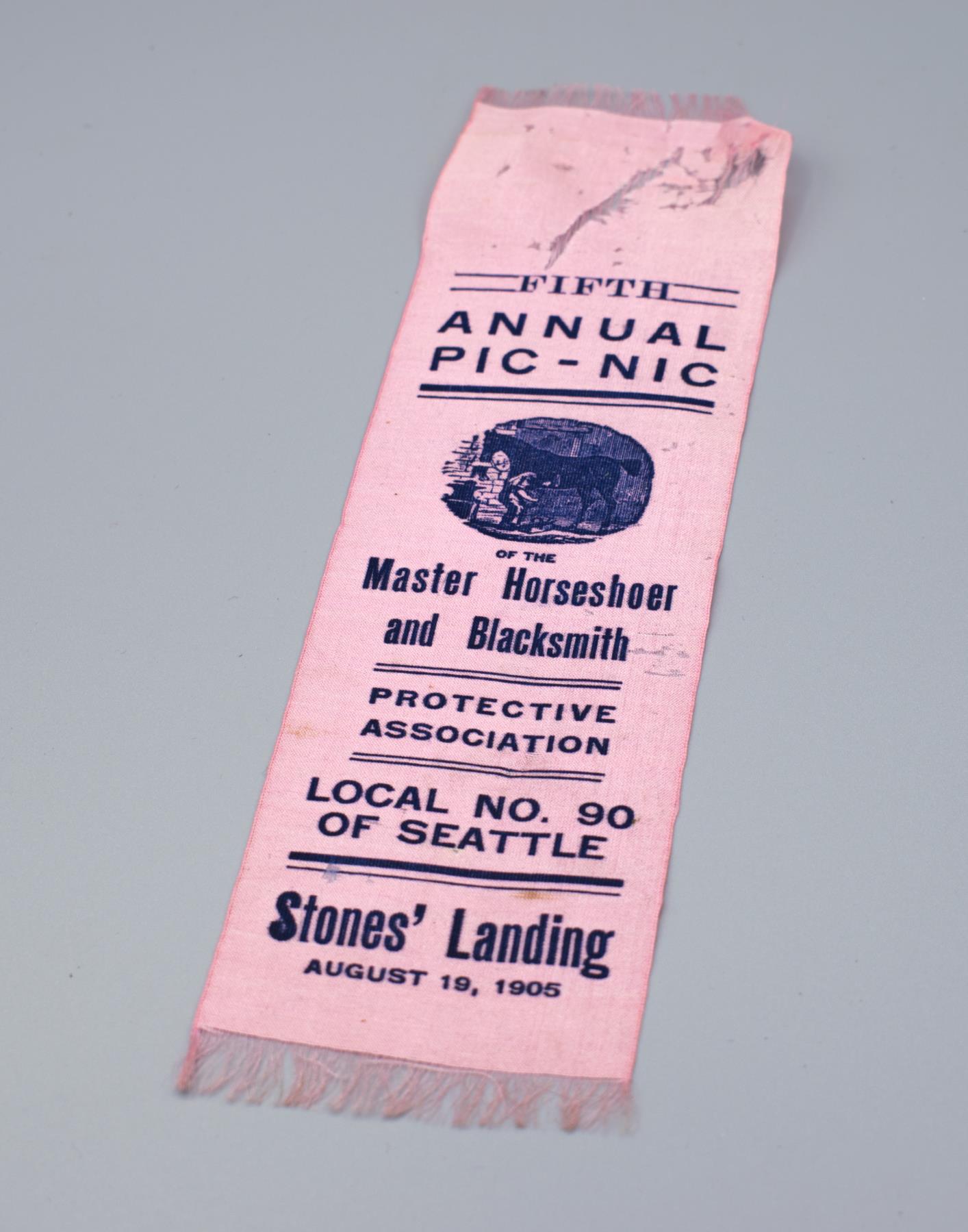 Image of Ribbon commemorating the Fifth Annual Picnic of the Master Horseshoer and Blacksmith, August 19, 1905