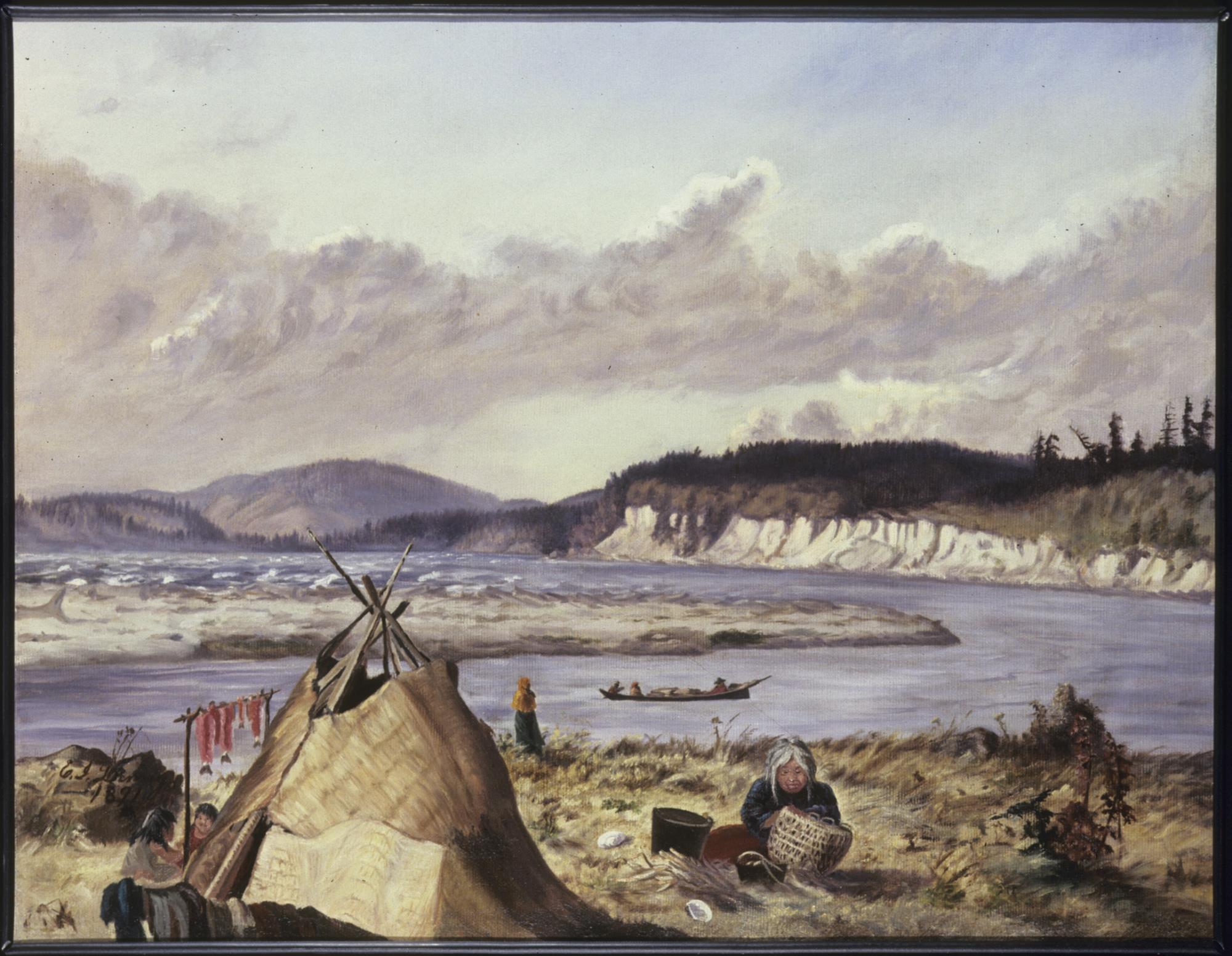 Image of Oil painting of an Indigenous basket weaver in front of a tent, 1891