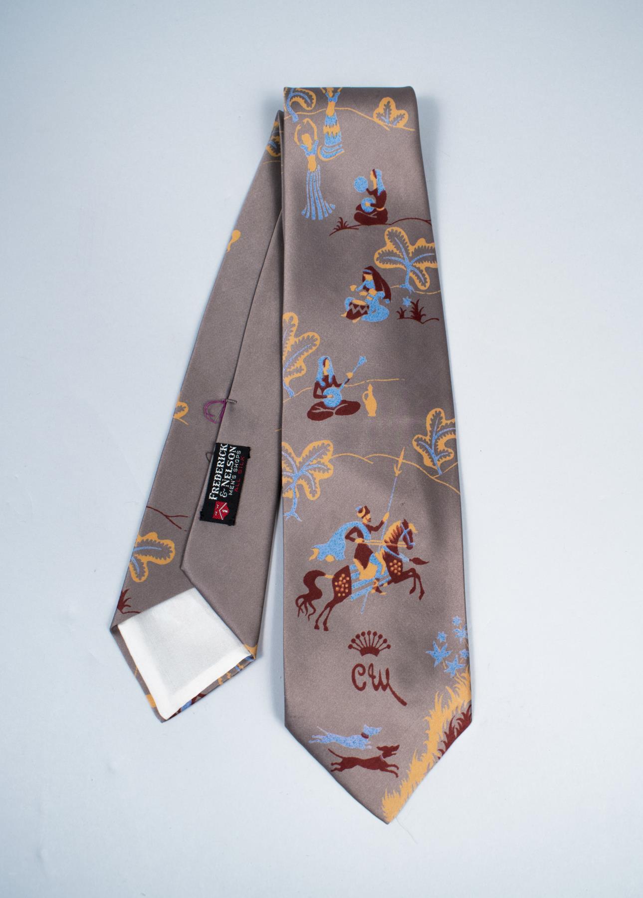 Image of Grey silk necktie with colorful images, ca. 1960