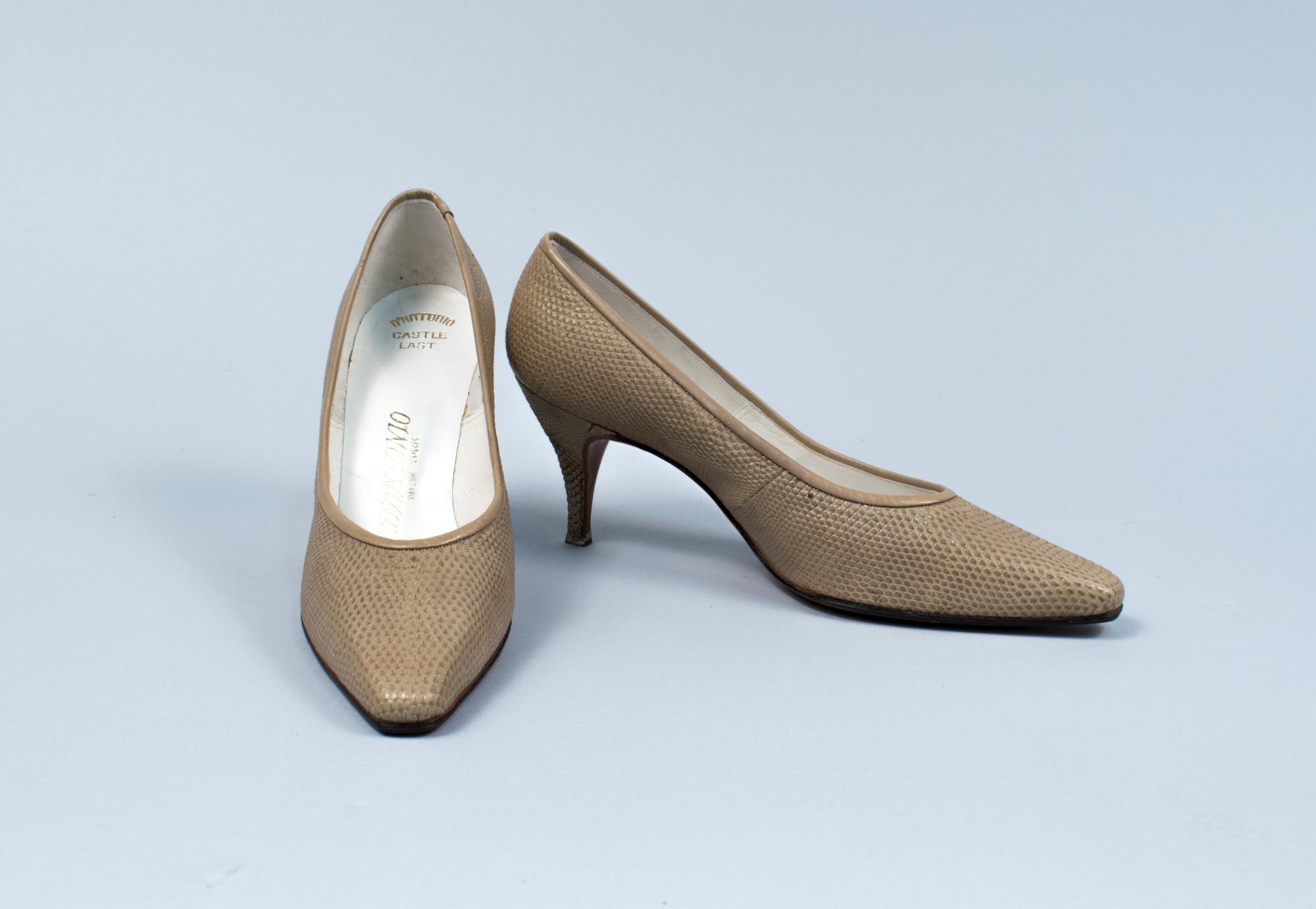Image of Beige reptile designer pumps, ca. 1963