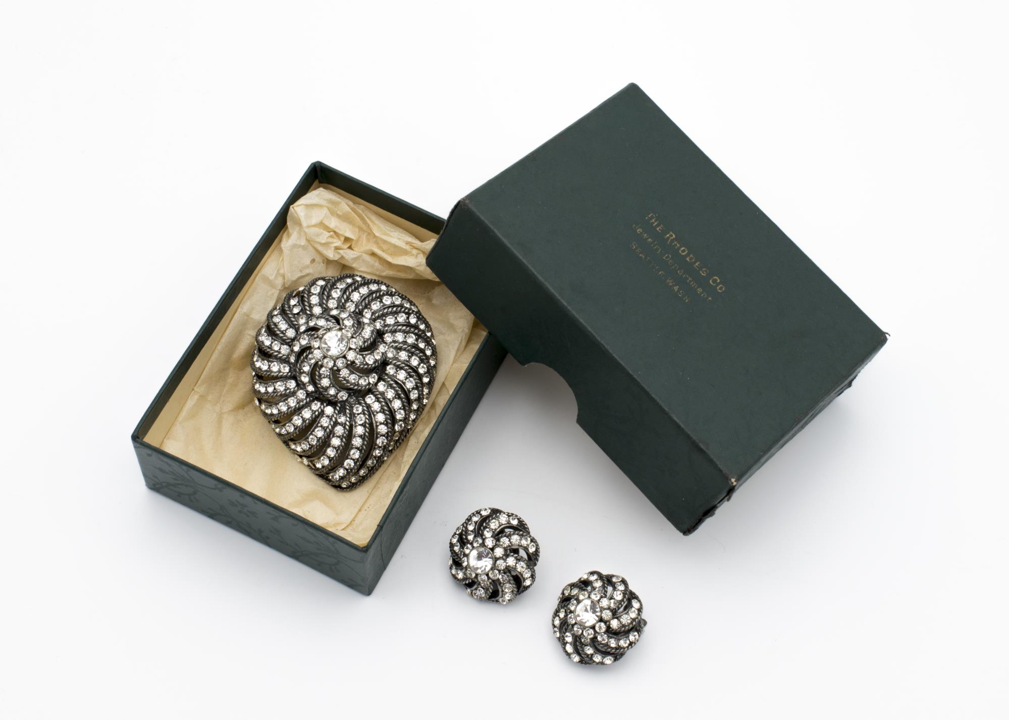 Image of Rhinestone brooch and earrings with Rhodes Department Store box, 1962