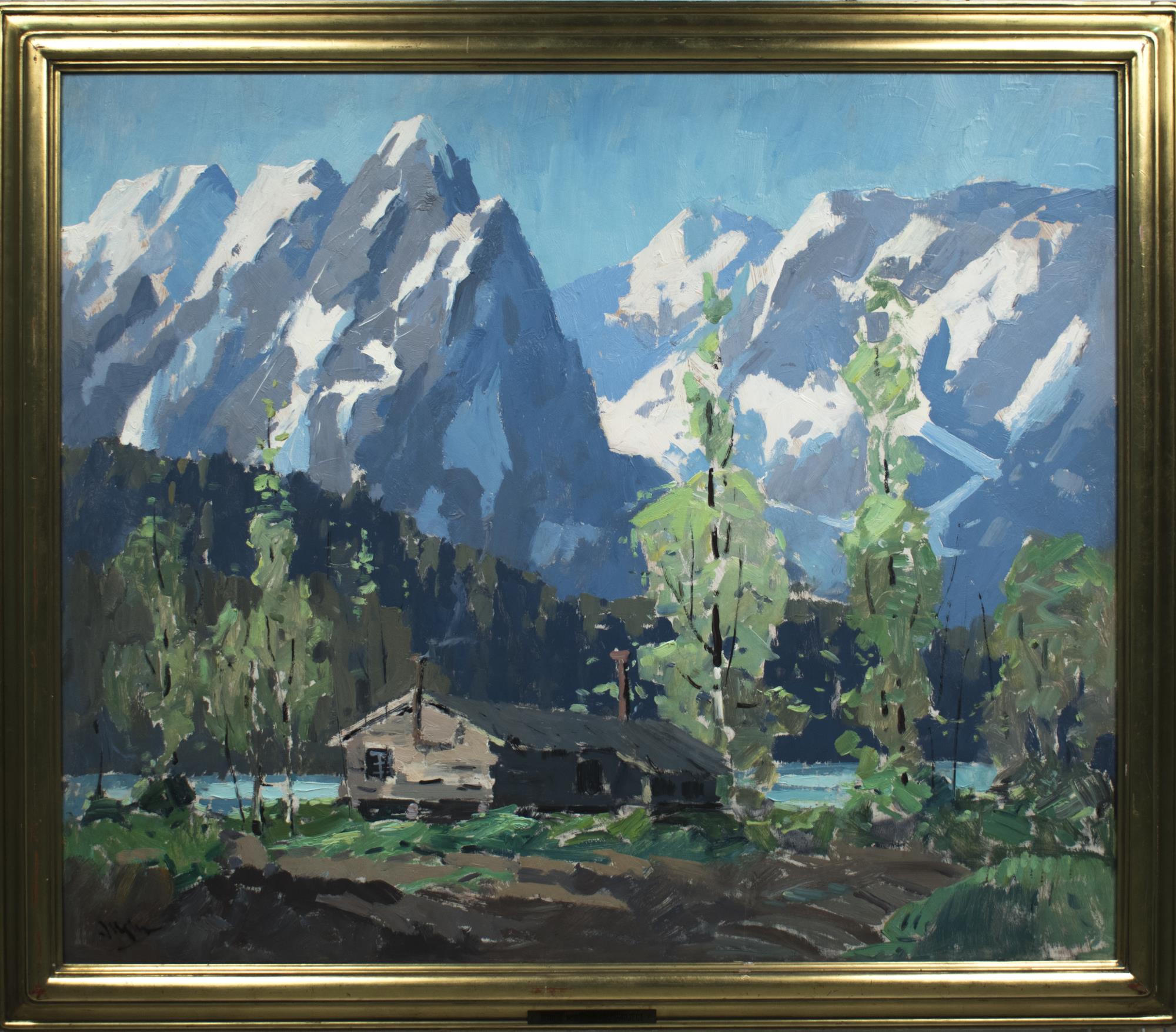Image of Painting of Mt. Index, by Eustace Ziegler, ca. 1934, with unfinished painting of Mt. McKinley and packhorses on verso