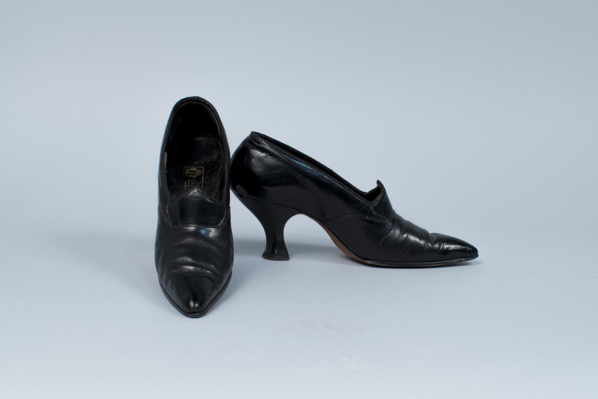 Image of Pair of black leather high heel dress shoes, ca. 1915-1919