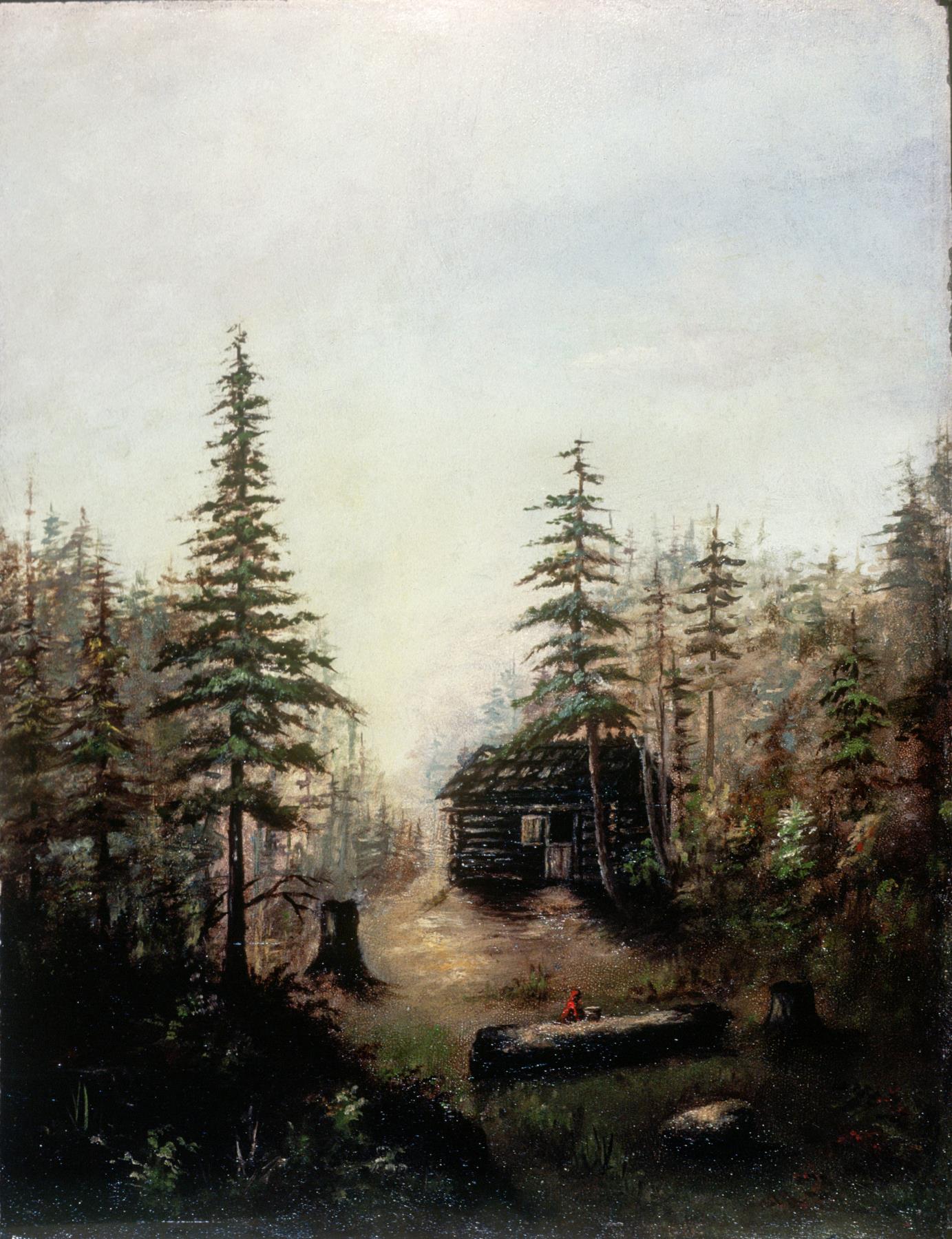 Image of Painting of a cabin in the woods by Emily Inez Denny, ca. 1870-1915